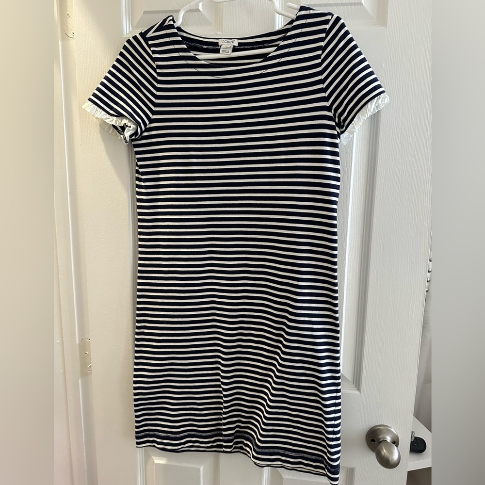 J. Crew. XS. Black and white stripe dress with ruffle on sleeves